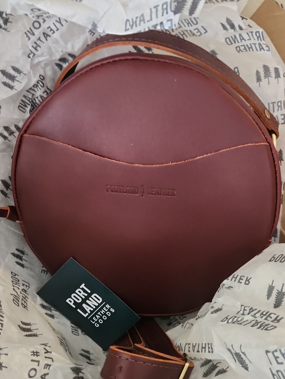 Portland Leather Round Crossbody Bag - Burgundy with Tan Accents